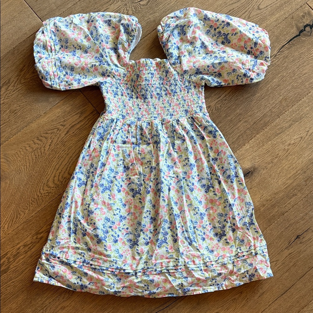 Janie & Jack Floral Puff-Sleeve Smocked Kids Dress - Pink & Blue